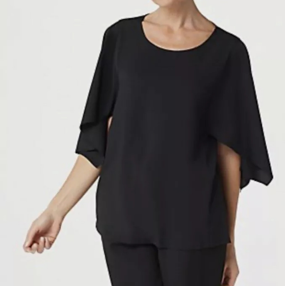 🆕️ Dennis Basso Woven Scoop Neck Top with Cape Sleeves Size XL Black A350766